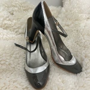 J Crew metallic patent pumps Oxford Mary Jane shoes silver block heel